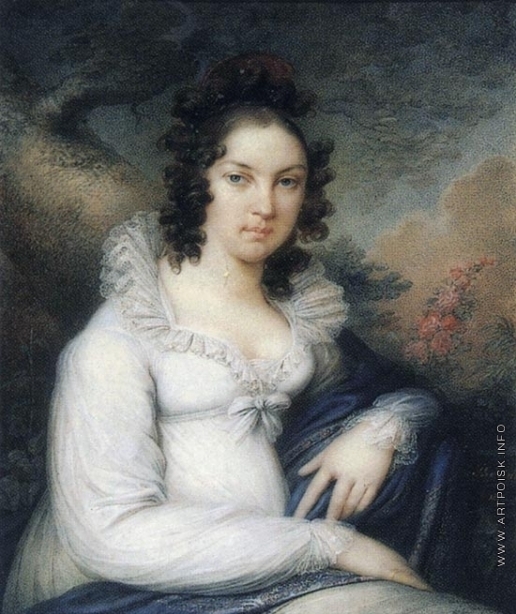 И. М. Жерен. Портрет молодой женщины с синей шалью. Бумага, гуашь, акварель. 1818 г. Русский музей. 