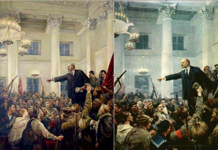 В.А. Серов «В. И. Ленин провозглашает Советскую власть» Слева – вариант 1947 г., справа – 1962 г. После развенчания культа личности фигуры Сталина, Дзержинского и Свердлова были заменены фигурами рабочих.